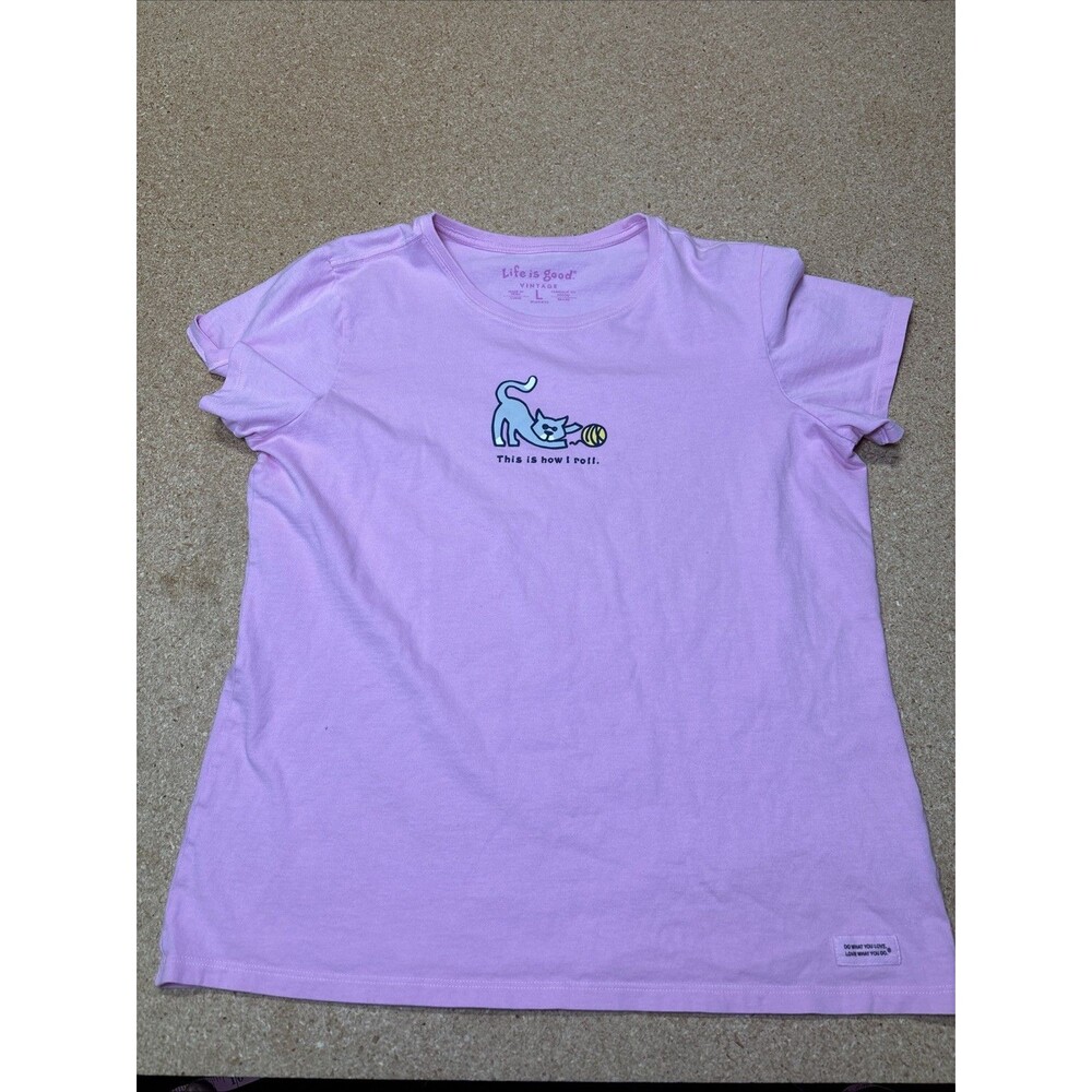 Life Is Good Vintage Fit Women's Large 100% Cotton Tee Shirt Pink Cats E2
